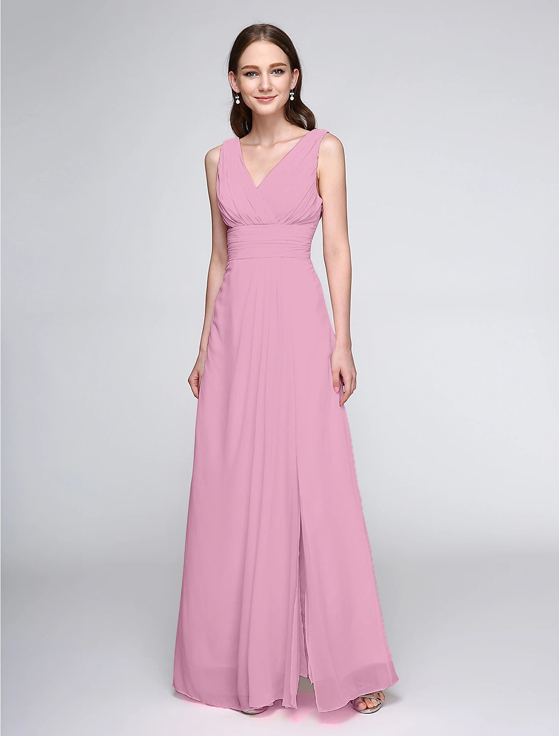 Abito da damigella d'onore a tubino/colonna, scollo a V, senza maniche, elegante, lunghezza pavimento, in chiffon con incrocio/arricciatura