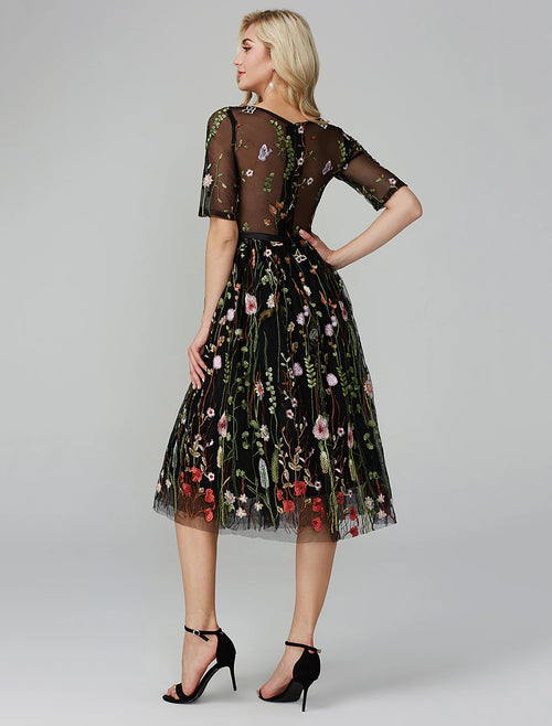 Black A-Line Tea-Length Evening Dress with Floral Embroidery