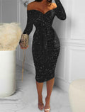 Red Glitter Off-the-Shoulder Sheath Knee-Length Dress