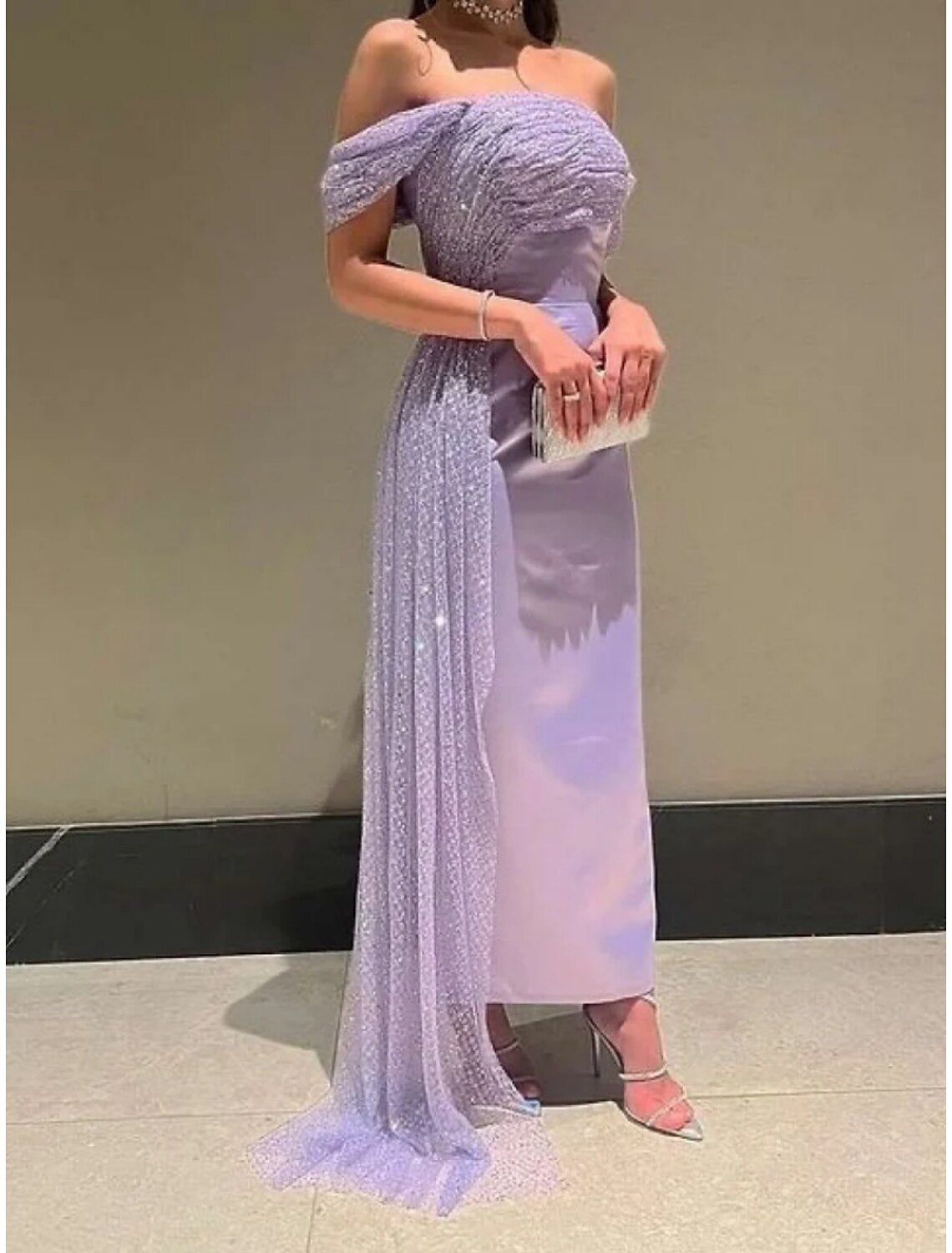 Sheath / Column Evening Gown Elegant Dress Formal Ankle Length Short Sleeve Off Shoulder Satin with Ruched Sequin