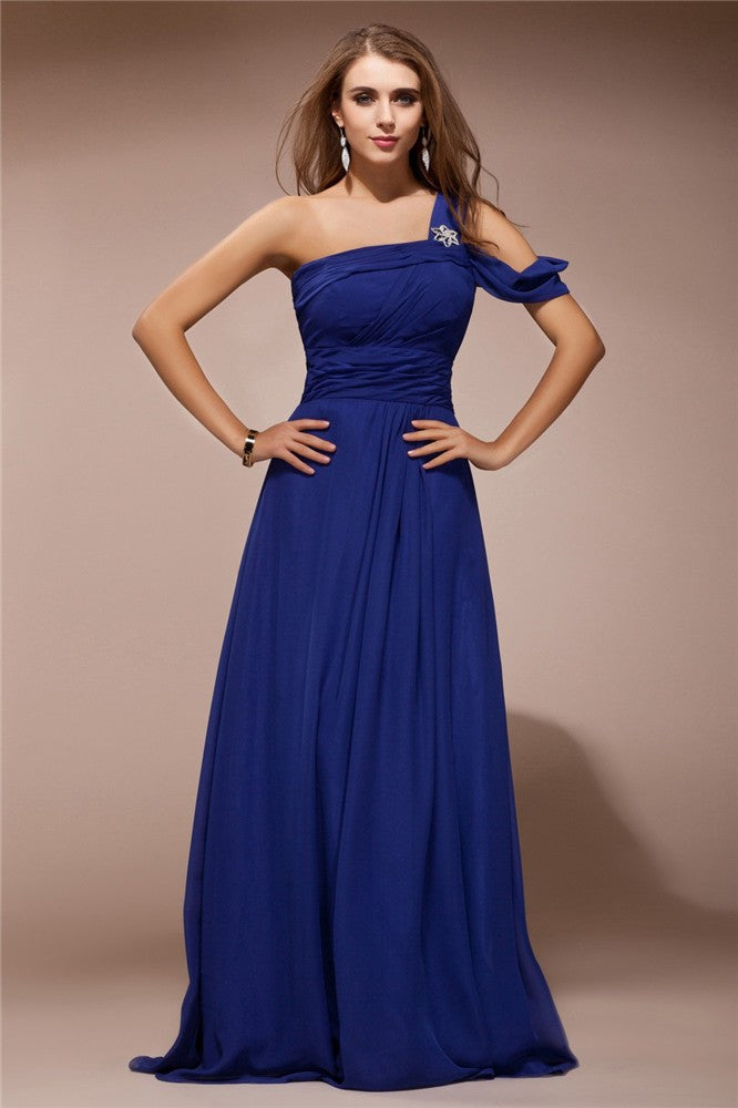 Royal Blue Chiffon A-Line One Shoulder Floor-Length Bridesmaid Dress