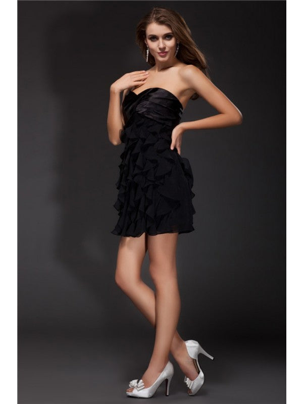 Abiti da cocktail corti in raso di chiffon intrecciato, senza maniche, a tubino/colonna con volant