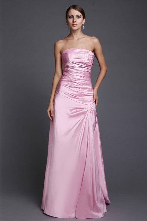 Pink Satin Straight Neck A-Line Floor-Length Dress