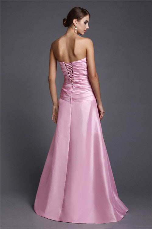 Pink Satin Straight Neck A-Line Floor-Length Dress