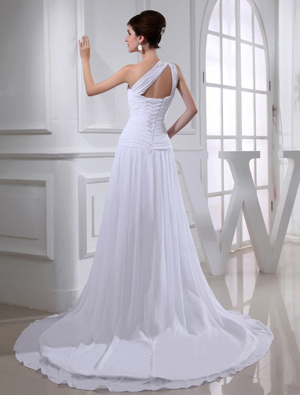 Abiti da sposa in chiffon con applicazioni monospalla e maniche a trapezio, perline e stile principessa