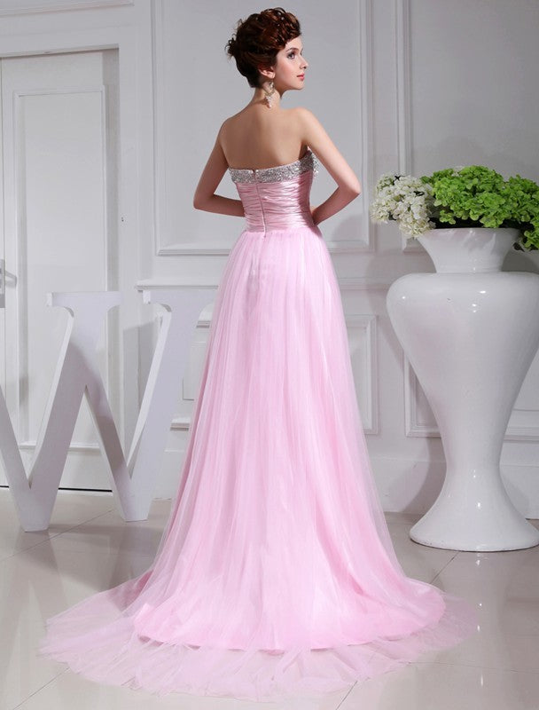 Pink Sequin Bodice Sweetheart A-Line Tulle Floor-Length Evening Dress