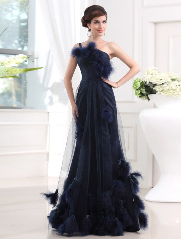 Dark Navy One Shoulder A-Line Satin Gown with Feather Embellishments