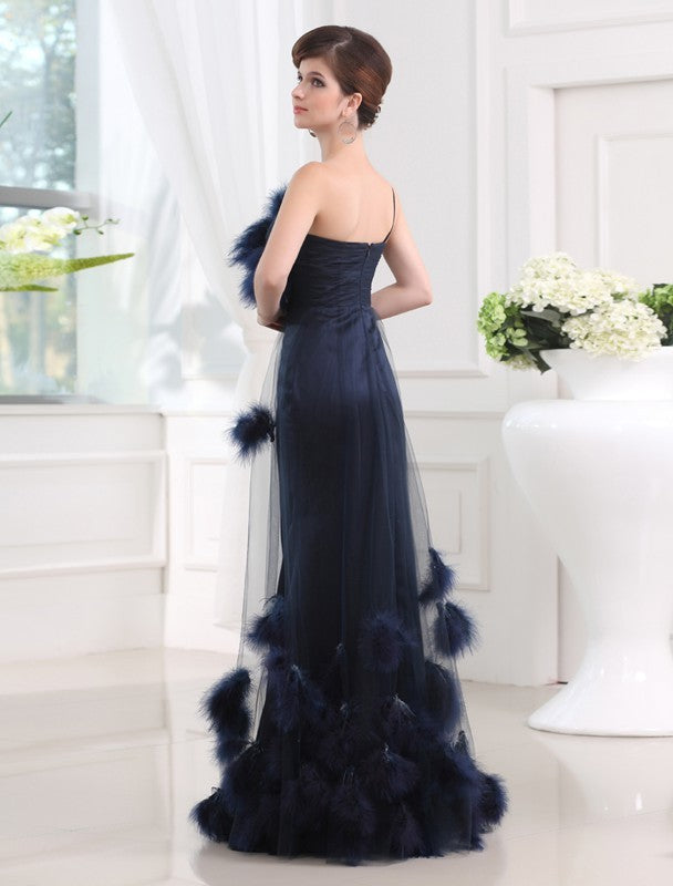 Dark Navy One Shoulder A-Line Satin Gown with Feather Embellishments