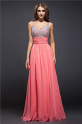 Coral Chiffon A-Line Floor-Length Sweetheart Dress with Beaded Bodice
