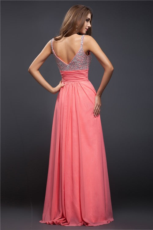 Coral Chiffon A-Line Floor-Length Sweetheart Dress with Beaded Bodice