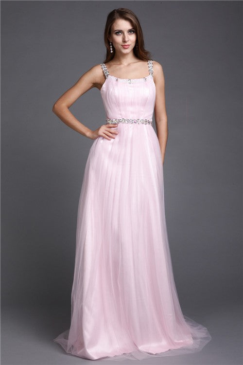 Blushing Pink Tulle A-Line Bridesmaid Dress | Floor-Length Square Neck Formal Gown