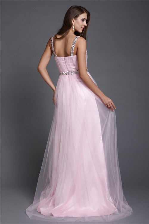Blushing Pink Tulle A-Line Bridesmaid Dress | Floor-Length Square Neck Formal Gown