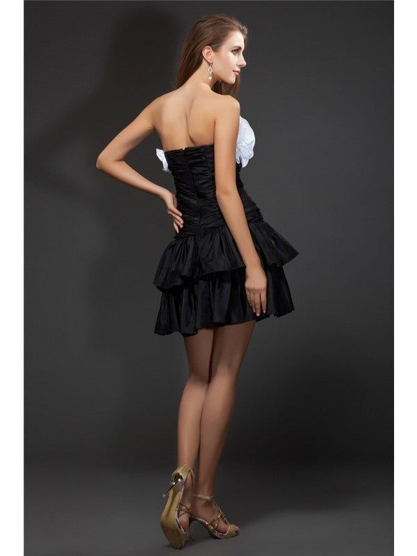 Vestido de cóctel corto de tafetán sin mangas, corte princesa, con volantes y flores hechas a mano