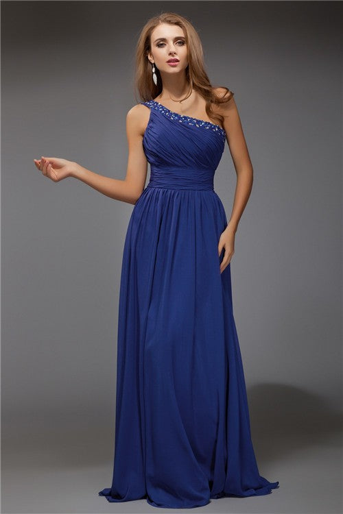 Royal Blue Chiffon One Shoulder A-Line Floor-Length Bridesmaid Dress