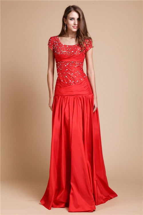 Red Satin A-Line Floor-Length Square Neck Embellished Bodice Dress