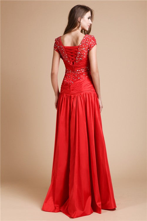 Red Satin A-Line Floor-Length Square Neck Embellished Bodice Dress