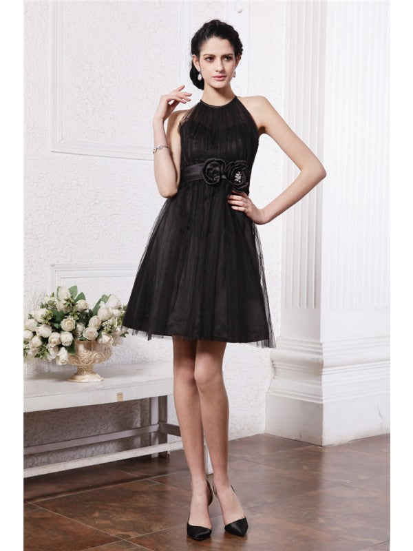 Vestidos de cóctel cortos de red con corte A/princesa, sin mangas y escote redondo, hechos a mano con flores