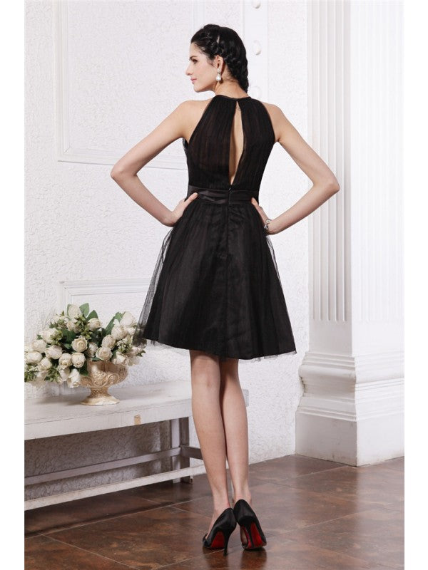 Vestidos de cóctel cortos de red con corte A/princesa, sin mangas y escote redondo, hechos a mano con flores