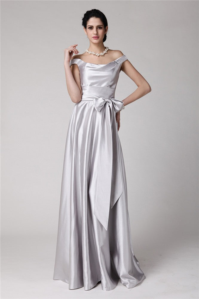 Silver Satin A-Line Floor-Length Evening Gown with Draped Off-the-Shoulder Neckline & Bow Waist