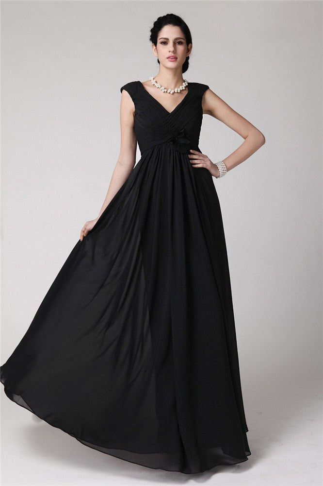 Black Chiffon A-Line V-Neck Floor-Length Dress with Pleated Bodice