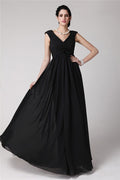 Black Chiffon A-Line V-Neck Floor-Length Dress with Pleated Bodice