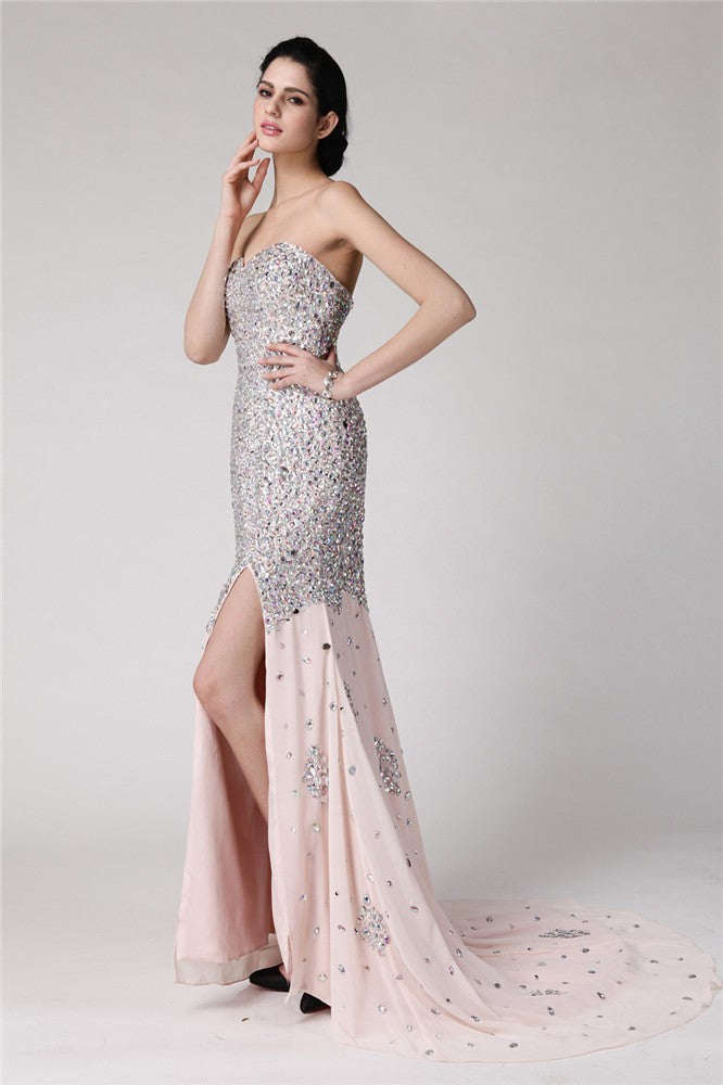Silver Sequin & Chiffon Mermaid Floor-Length Dress | Straight Neck, High Slit