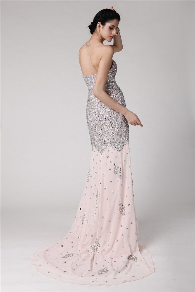 Silver Sequin & Chiffon Mermaid Floor-Length Dress | Straight Neck, High Slit