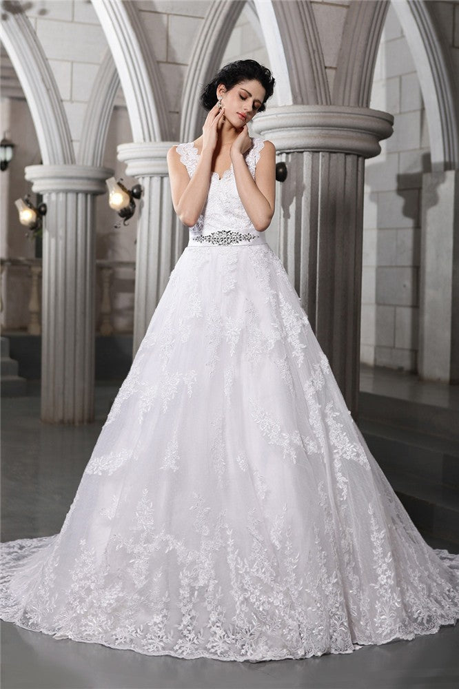 Vestido de novia largo de organza con escote en V, corte A/princesa, sin mangas, con apliques de cuentas