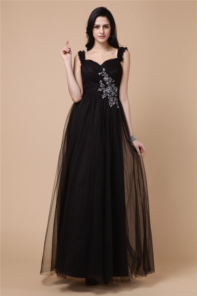 Black Tulle A-Line Floor-Length Evening Dress with Beaded Bodice