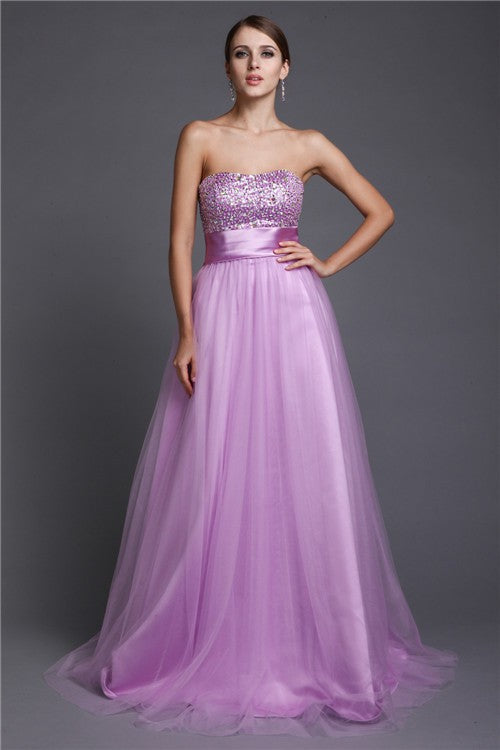 Lilac Tulle A-Line Floor-Length Evening Dress with Sequined Sweetheart Bodice