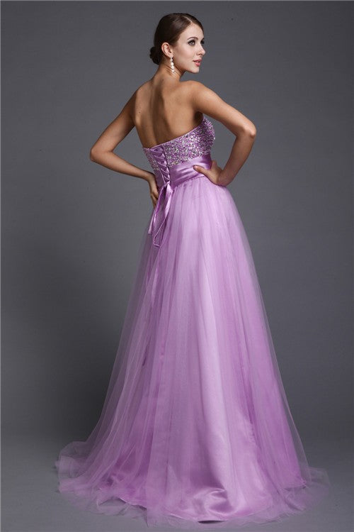 Lilac Tulle A-Line Floor-Length Evening Dress with Sequined Sweetheart Bodice