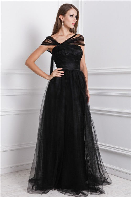 Black Tulle A-Line Off-the-Shoulder Floor-Length Bridesmaid Dress with Draped Neckline