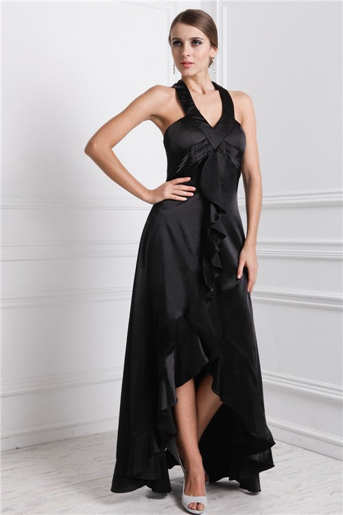 Black Satin Halter A-Line Asymmetrical Evening Dress