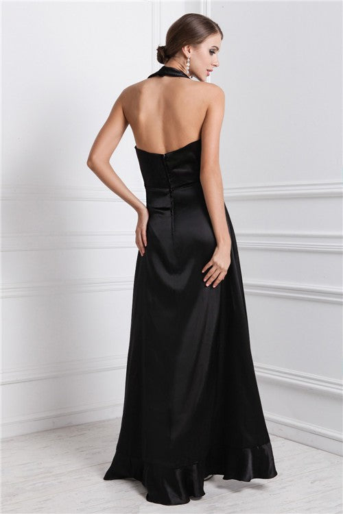 Black Satin Halter A-Line Asymmetrical Evening Dress