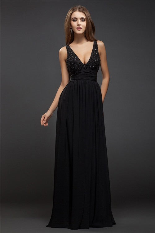 Black Chiffon A-Line V-Neck Floor-Length Evening Dress