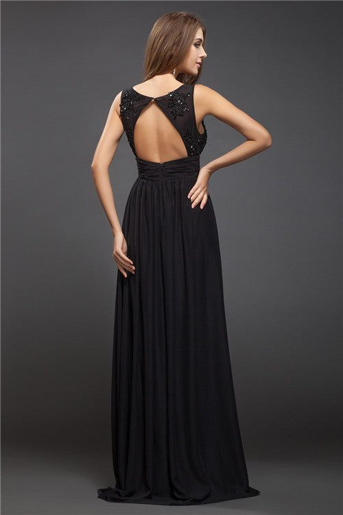 Vestidos largos de gasa con encaje, sin mangas, escote en V y corte tubo/columna