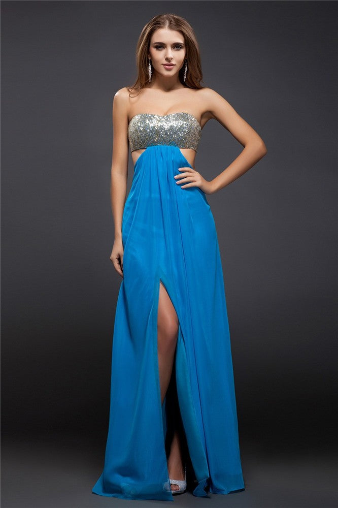 Blue Chiffon A-Line Sweetheart Floor-Length Dress with Sequin Bodice