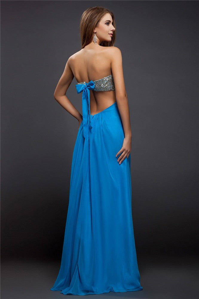 Blue Chiffon A-Line Sweetheart Floor-Length Dress with Sequin Bodice