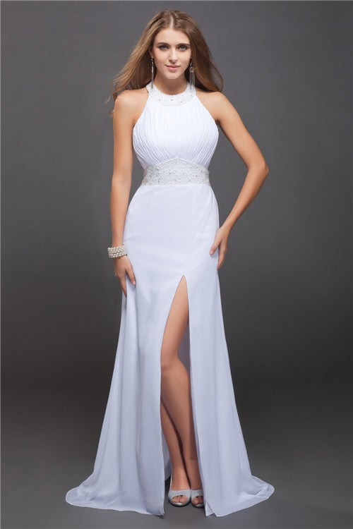 White Chiffon A-Line Floor-Length Halter Bridesmaid Dress with Ruched Bodice