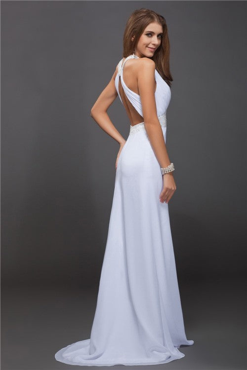 White Chiffon A-Line Floor-Length Halter Bridesmaid Dress with Ruched Bodice