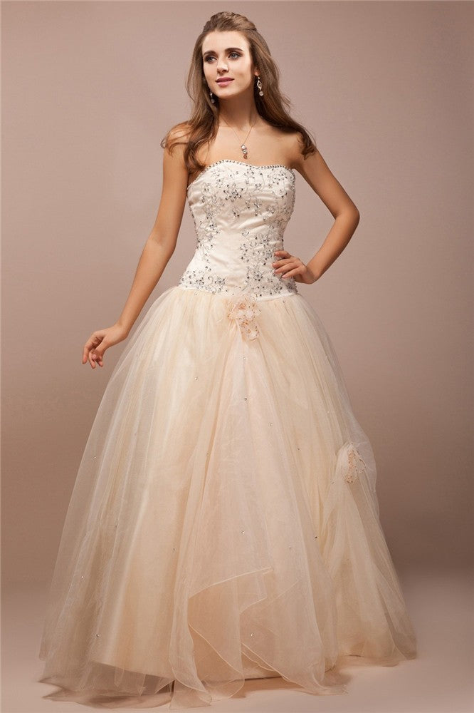Champagne Tulle Ball Gown Bridesmaid Dress - Embellished Straight Neck Floor-Length