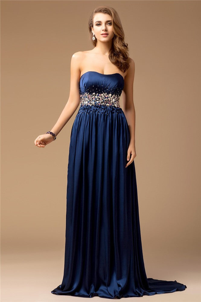 Dark Navy Satin Embellished Sweetheart A-Line Floor-Length Evening Dress