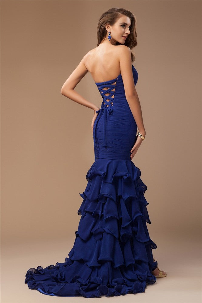 Royal Blue Chiffon Sweetheart Mermaid Floor-Length Dress with Ruched Bodice and High Slit