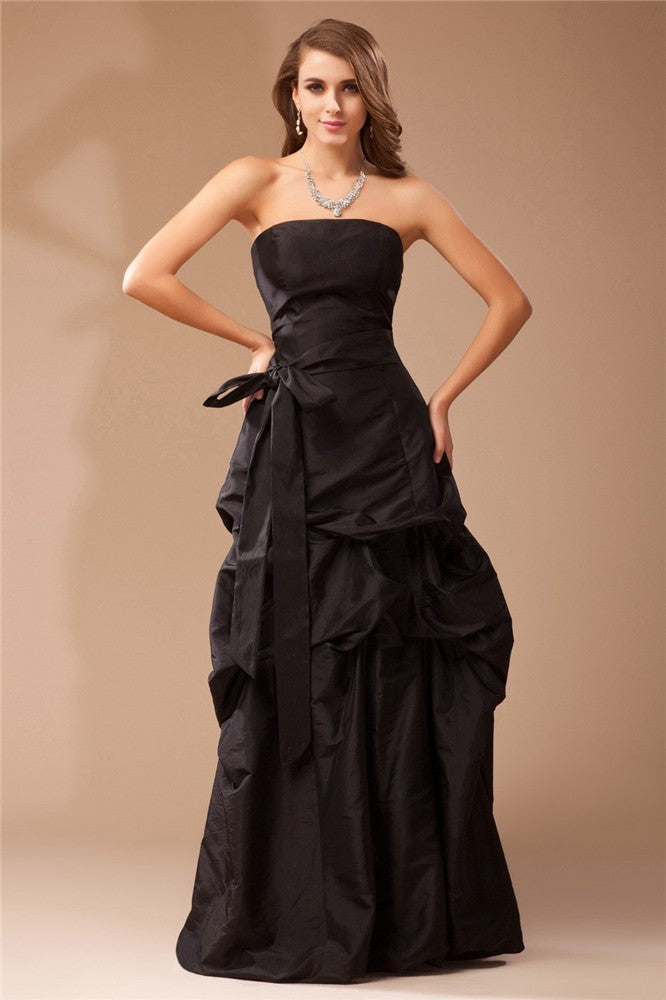 Black Satin A-Line Floor-Length Straight Neck Evening Dress