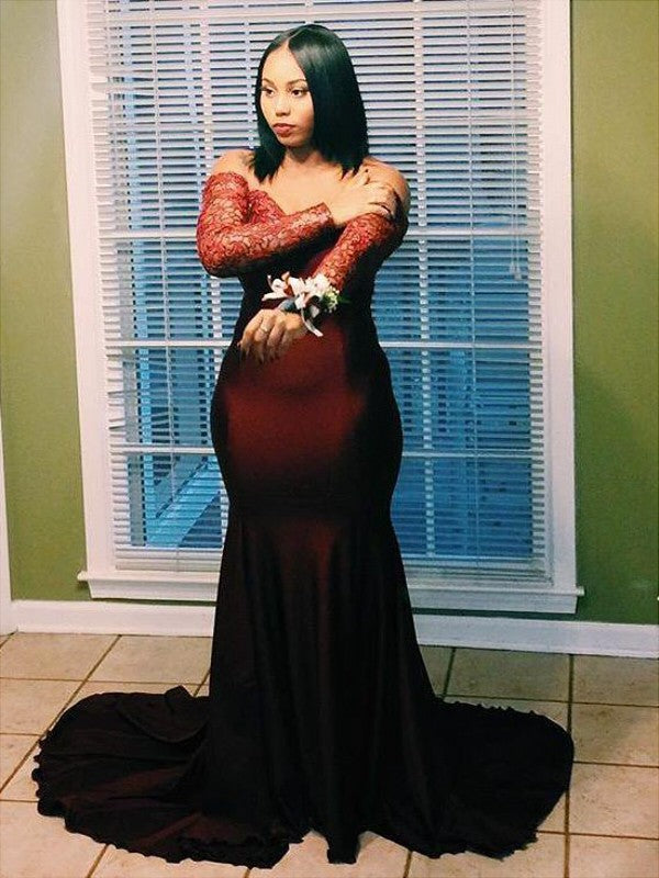 Trumpet/Mermaid Off-the-Shoulder Long Sleeves Applique Sweep/Brush Train  Woven Satin Plus Size Dresses