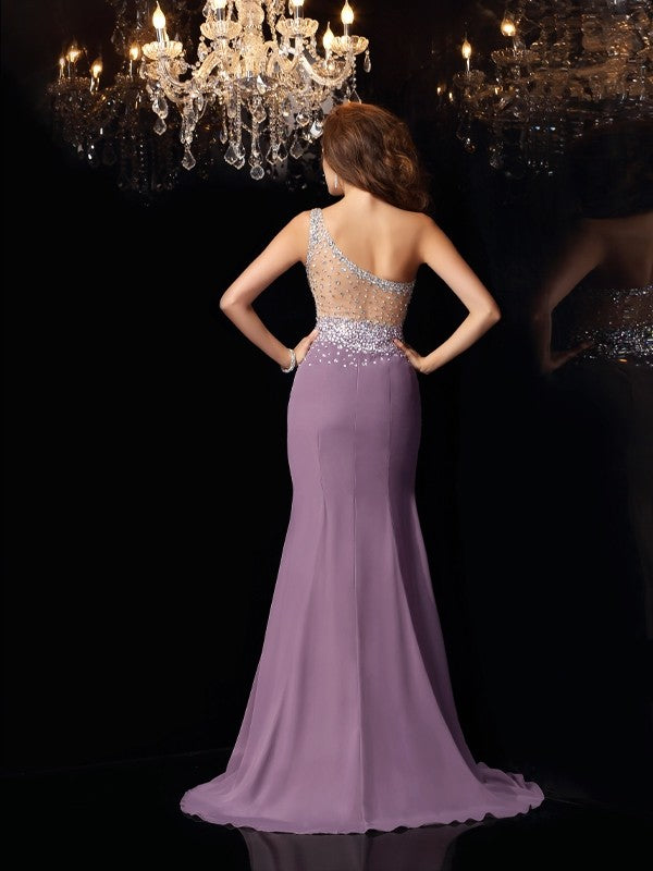 Trumpet/Mermaid One-Shoulder Rhinestone Sleeveless Long Chiffon Dresses