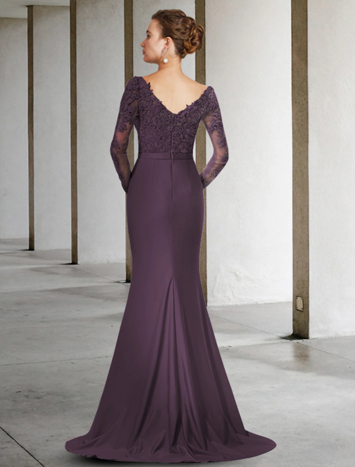 Vestido elegante de sirena/trompeta para madre de la novia, escote en V, cola larga de gasa con encaje y apliques