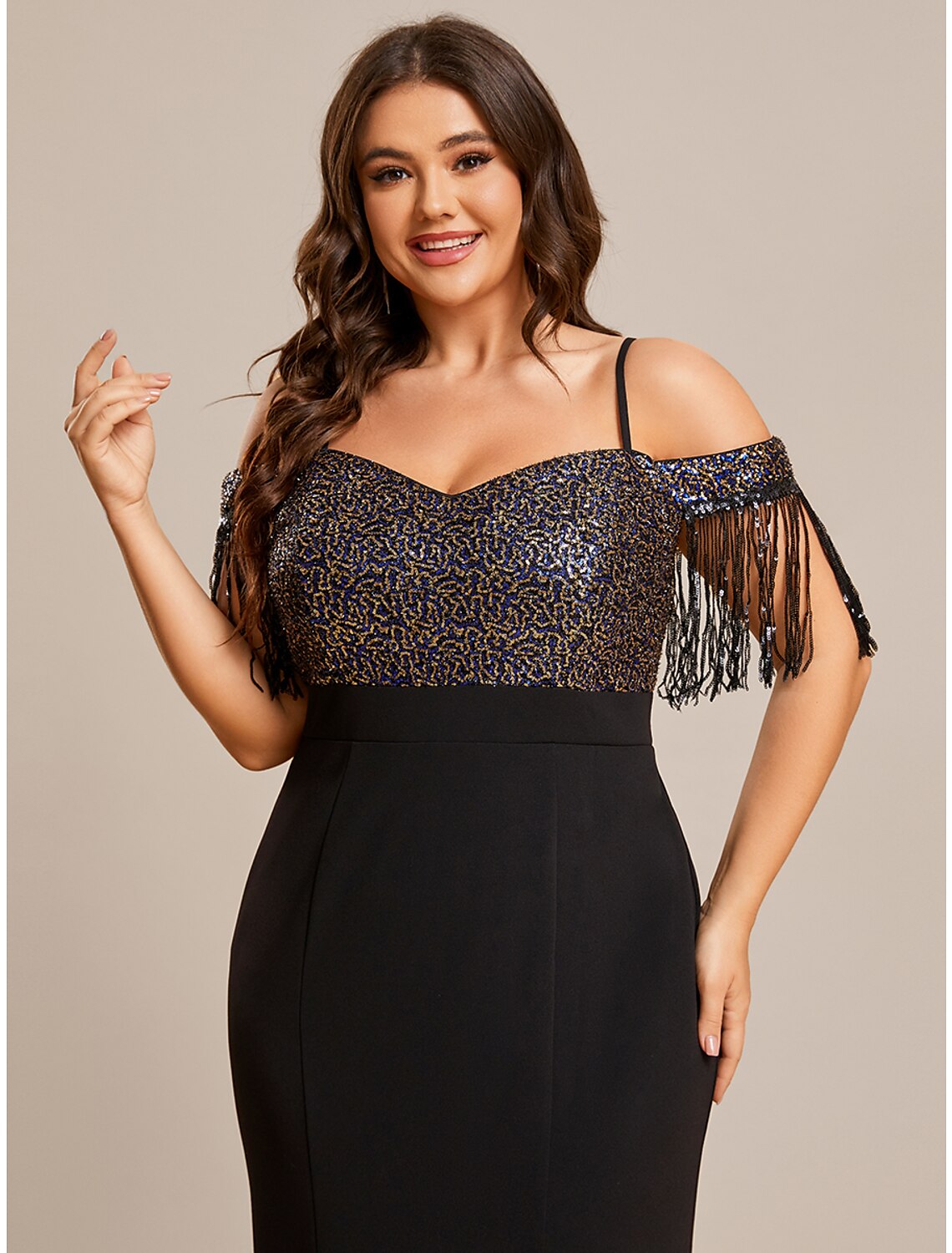 Mermaid / Trumpet Wedding Guest Dresses Minimalist Dress Formal Black Tie Floor Length Short Sleeve Off Shoulder  Fabric with Fringe Tassel