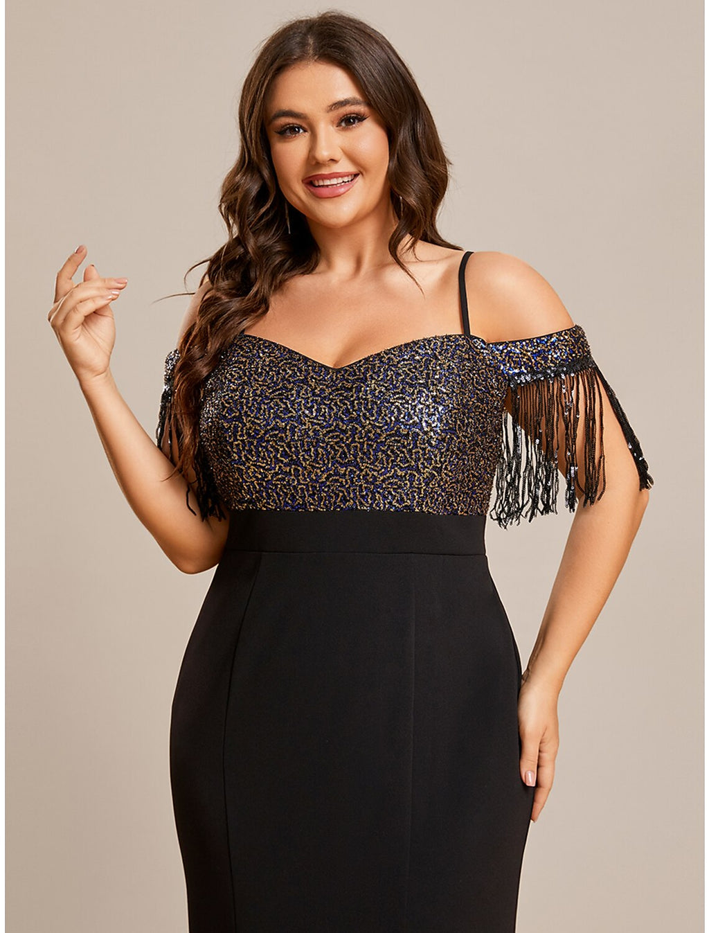 Black Sequin Mermaid Floor-Length Evening Dress with Fringe Sleeves