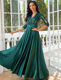 Emerald Satin A-Line Floor-Length Gown with Sequin Illusion V-Neck
